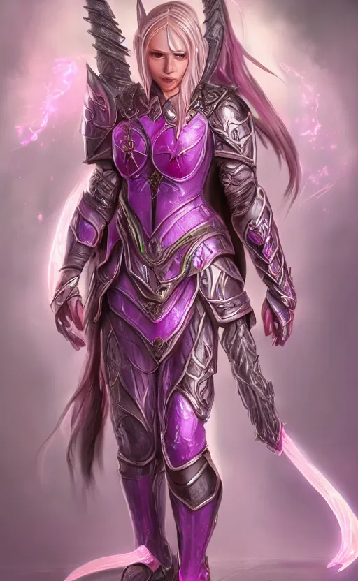 Image similar to a full body portrait of an elven woman with pink skin, and armor fit for a queen, wearing purple headphones, and smiling, dynamic lighting, photorealistic fantasy concept art, trending on art station, stunning visuals, creative, cinematic, ultra detailed