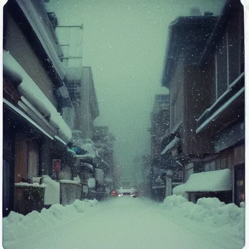 Prompt: atmospheric polaroid photo of a snowy tokyo street at night