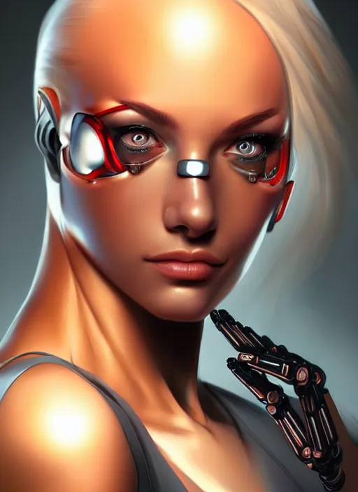 Image similar to portrait of a cyborg woman by Artgerm, (((((face turns left))))) face turns right, open eyes , biomechanical, hyper detailled, trending on artstation