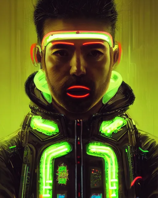 Image similar to detailed portrait Xavier Singy Neon Operator boy, cyberpunk futuristic neon, reflective puffy coat, decorated with traditional Japanese ornaments by Ismail inceoglu dragan bibin hans thoma greg rutkowski Alexandros Pyromallis Nekro Rene Maritte Illustrated, Perfect face, fine details, realistic shaded, fine-face, pretty face