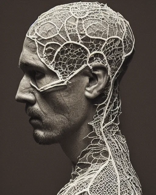 Image similar to a man's face in profile, made of intricate lace skeleton, in the style of the dutch masters and gregory crewdson, dark and moody