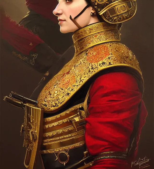 Image similar to portrait of a turkish woman wearing a traditional nineteenth century ottoman empire military uniform, metal shoulder pauldrons, intricate, highly detailed, digital painting, artstation, concept art, sharp focus, cinematic lighting, illustration, art by artgerm and greg rutkowski, alphonse mucha, cgsociety