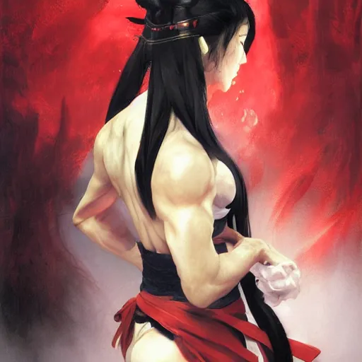 Image similar to portrait of a muscular female fighting shrine maiden miko with long flowing black hair wearing a red hakama over a black leotard, touhou character art by thoma greg rutkowski boris vallejo yoshitaka amano michael whelan nekro illustrated art by ashley wood, detailed painting, shimmer oil on canvas artstation