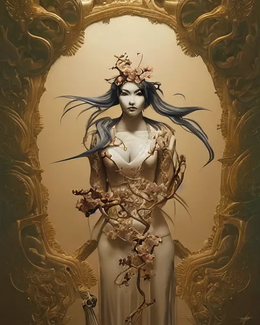 Prompt: intricate japanese carved porcelain with gilding western woman portrait, celestial overgrowth, photorealistic, elegant, artgerm, peter mohrbacher