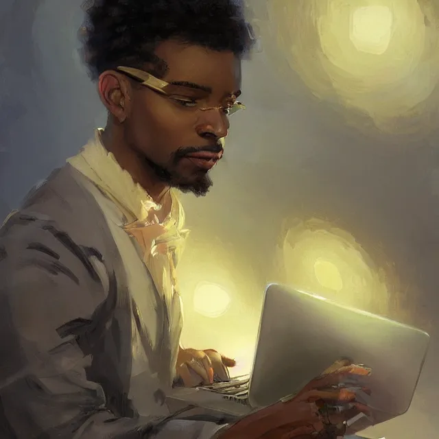 Prompt: a lightskinned black man with short hair, fantasy, using a macbook, elegant, intricate, digital painting, artstation, concept art, smooth, sharp focus, illustration, art by konstantin korovin and daniel f. gerhartz and john howe