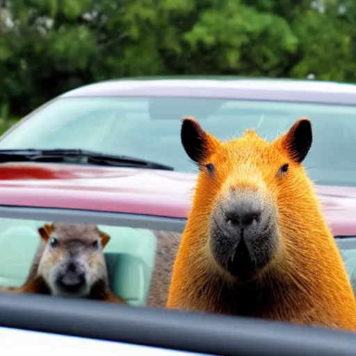 Image similar to Capybara driving a car listening to 'okay, i pull up'