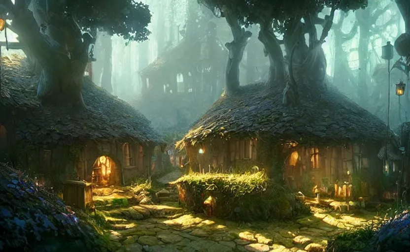 Image similar to a beautiful photo the smurfs village, hyper realistic, natural light, concept art, by greg rutkowski, cozy atmospheric and cinematic lighting