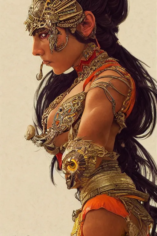 Image similar to a portrait of a anthropomorphic an acient aztec warrior goddess, D&D, fantasy, intricate, highly detailed, digital painting, artstation, concept art, smooth, sharp focus, illustration, art by artgerm and greg rutkowski and alphonse mucha