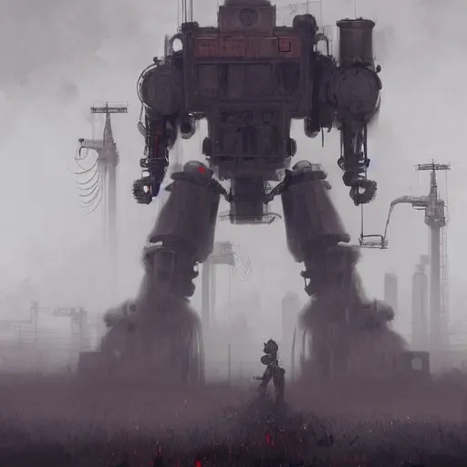 Image similar to gigantic industrial farmer mecha, dense fog, steampunk, jakub rozalski