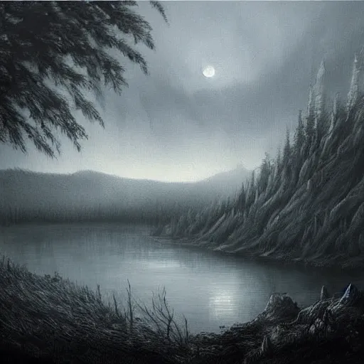 Prompt: an ultra detailed painting of a dark and mysterious misty lake at night, far away behind it is a single cliff with a dark castle on top of it with a few windows lit, dark forests surrounding, twilight, highly detailed, fantasy, realistic, concept art, dark fantasy, haunting scenery, looming trees