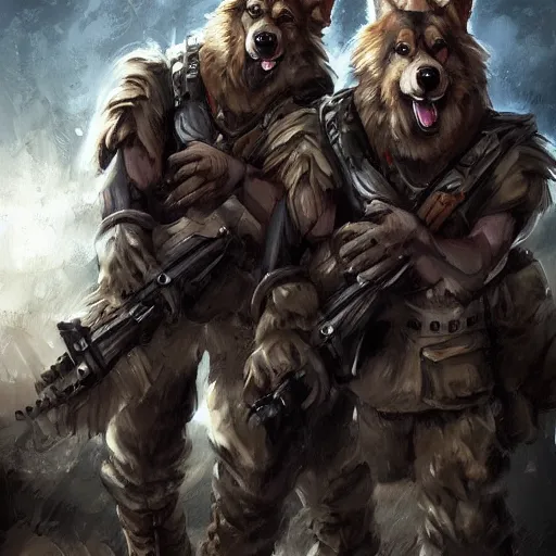 Image similar to two humanoid german shepherds beast - men in military style, they holding a beer, artstation, concept art, smooth, sharp foccus ilustration, artstation