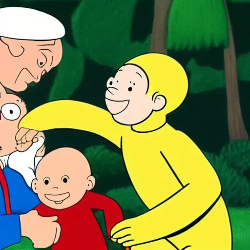 Prompt: curious george slapping caillou. pbs cartoon