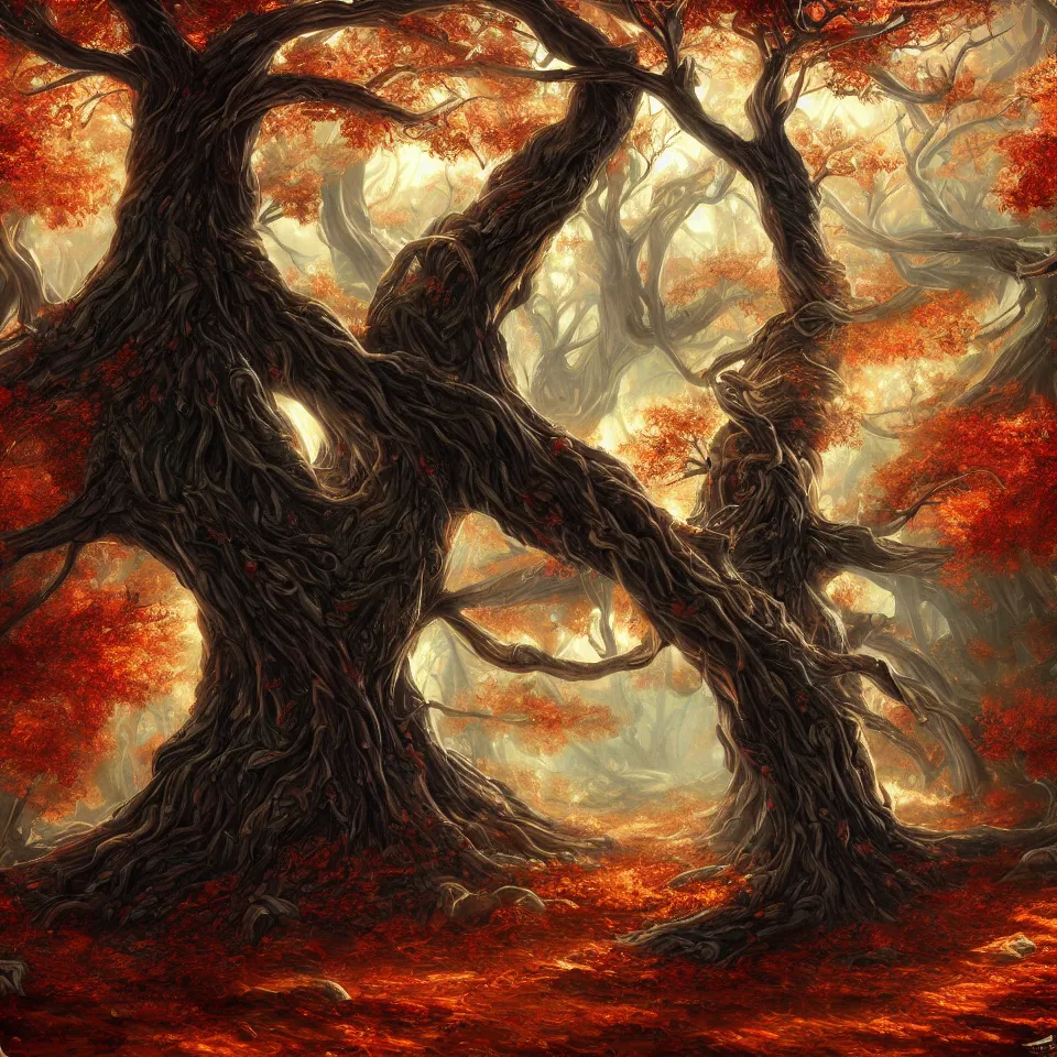 Image similar to giant tree,beautiful autumn spirit, digital art, concept art, fantasy art, highly detailed, HD wallpaper, artstation, Deviantart, abeyance