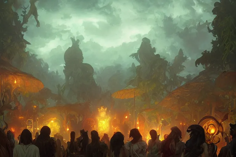 Image similar to a hyperrealistic render of a festival on an island in the middle of a thunderstorm, outdoor, art by Artgerm and Anato Finnstark and Greg Rutkowski and Alphonse Mucha, hearthstone art style, epic fantasty card game art, Beautiful dynamic dramatic moody lighting, shadows, cinematic, Octane, 8K