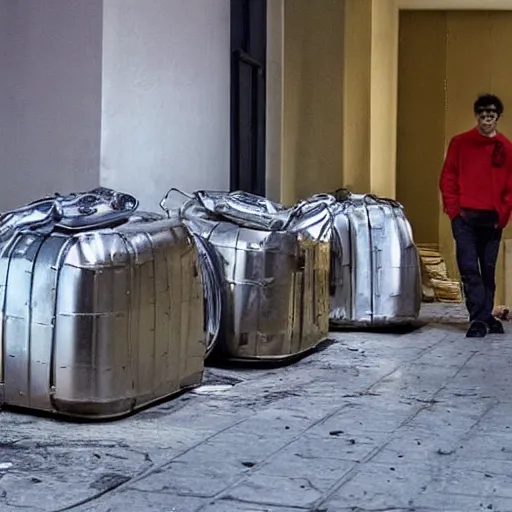 Image similar to a photo portrait of two homeless creating a time machine from aluminium cans and cardboard boxes. symmetry. awesome exposition. very detailed, professional lighting diffracted lightrays, 8 k, sense of awe