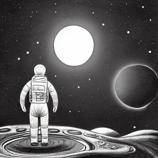 Image similar to Drawing. A beatiful illustration of a planet with two moons in the background. In the foreground, there is a woman wearing a spacesuit and holding a phaser. She is standing on a rocky surface, and there is a ship in the distance. pencil sketch by Steve Argyle, by Mark Ryden composed, lines