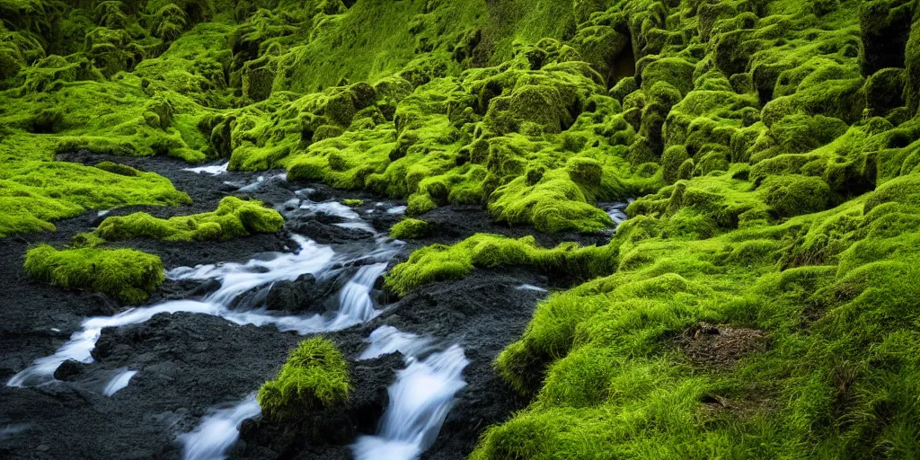 Image similar to photo of a landscape with lush forest, wallpaper, very very wide shot, iceland, new zeeland, green flush moss, national geographic, award landscape photography, professional landscape photography, waterfall, stream of water, small colorful flowers, big sharp rock, ancient forest, primordial, sunny, day time, beautiful