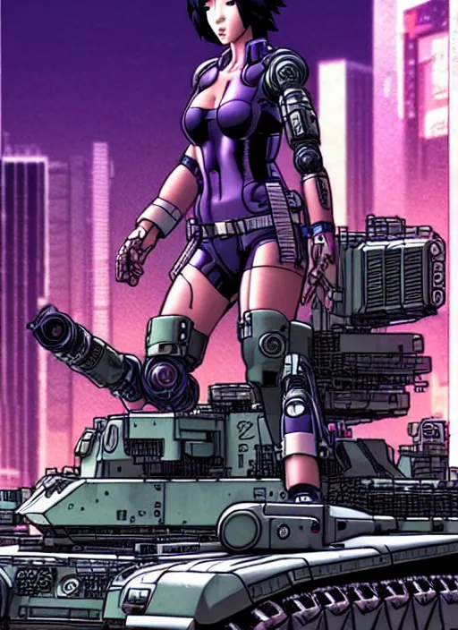 Image similar to motoko kusanagi riding a tank in a grungy cyberpunk megacity, intricate and finely detailed, cyberpunk vaporwave, portrait by j scott campbell, phil jimenez, ilya kuvshinov