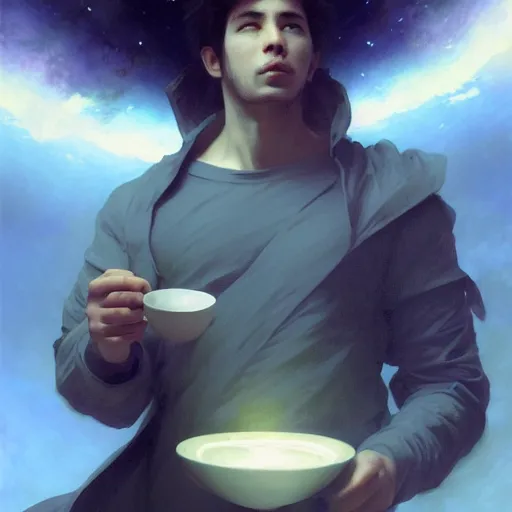 Image similar to A man drinking a cup of cosmic energy bright light, illustration by Ruan Jia and Mandy Jurgens and William-Adolphe Bouguereau, Artgerm, 4k, digital art, surreal, anime style, space dandy style, highly detailed, godsend, artstation, digital painting, concept art, smooth, sharp focus, illustration by Ruan Jia and Mandy Jurgens and William-Adolphe Bouguereau, Artgerm