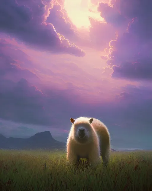 Image similar to white capybara at halo reach, surreal photography, sunrise dramatic light, impressionist painting, colorful clouds, digital painting, artstation, kilian eng, john harris, bastien lecouffe - deharme, simon stalenhag, flower face