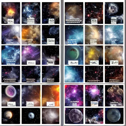 Image similar to collection on wall of cosmic elements, astronauts from the multiverse standing beside multiple portals to the multiverse