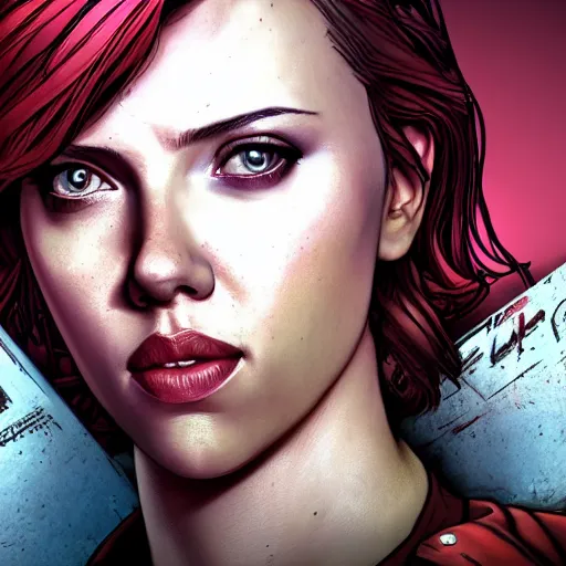 Image similar to scarlett johansson portrait, borderlands, tales from the borderlands, the wolf among us, comic, cinematic lighting, studio quality, 8 k