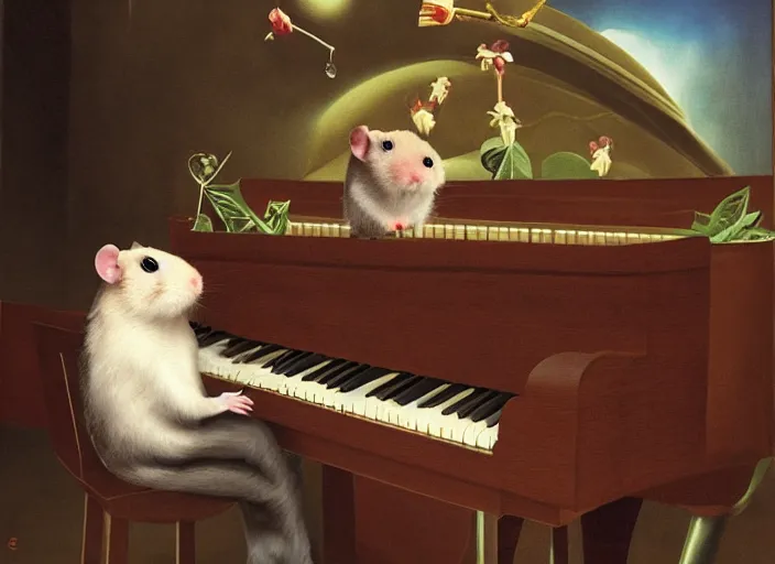 Image similar to a hamster playing piano, lowbrow in the style of camille rose garcia and mark ryden and salvador dali, 8 k, matte painting