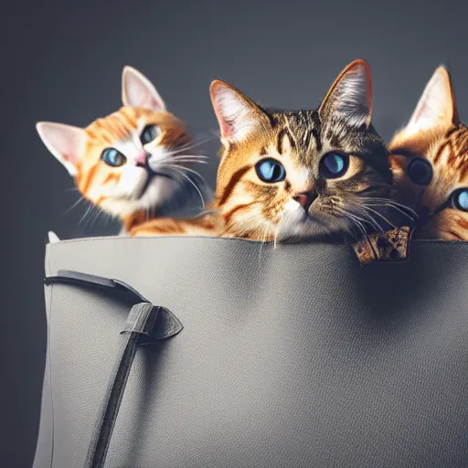 Image similar to lots of furry cats inside a big handbag, gray background, studio lighting, detailed photo, 4 k, 8 k