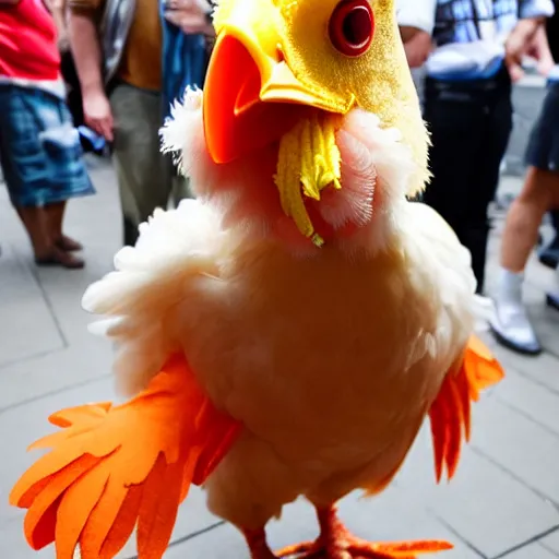 Image similar to he's wearing a chicken costume, i think