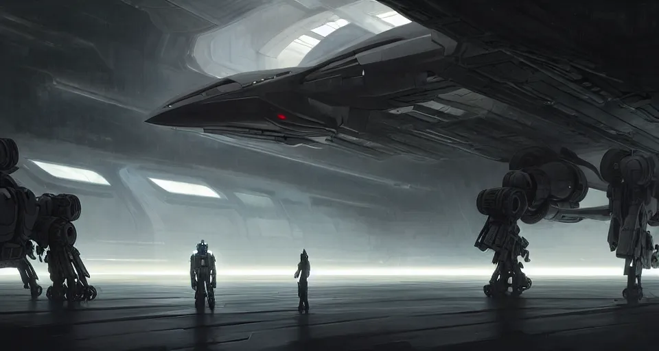 Image similar to hyper realistic sci - fi matte concept art painting of mecha in a starship hanger, starship in background, beautiful details, strong composition painted by kim jung guweta studio rutkowski, james gurney and greg rutkowski, and lucasfilm, smooth, intricate, detailed, sharp focus, cinematic