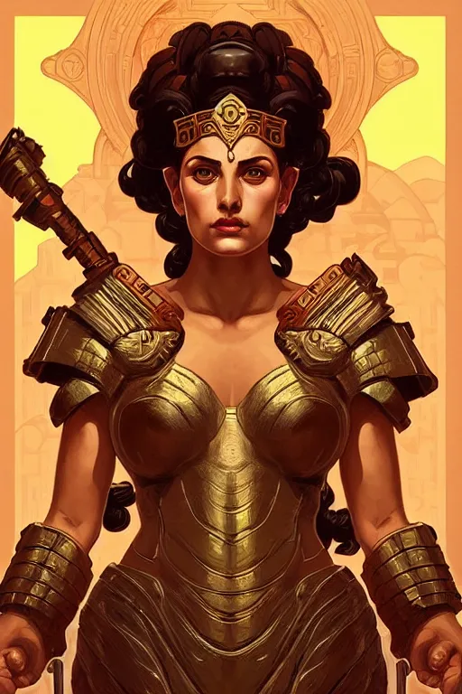 Image similar to pixel art of the Greek godess Hera looking angry, rusty armor, portrait, digital painting, artstation, concept art, beautiful face, symmetric face, videogame cover art, by Artgerm and Greg Rutkowski and Alphonse Mucha