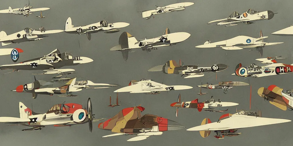 Prompt: world war two fighter planes, studio ghibli style, by tullio crali