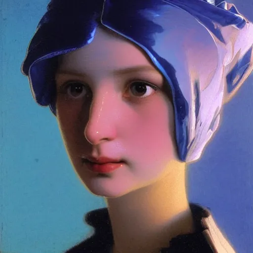 Image similar to a young woman's face, her hair is chrome and she wears an cobalt blue satin cloak, by ivan aivazovsky and syd mead and moebius and gaston bussiere and roger dean and pieter claesz and paul delaroche and alma tadema and aelbert cuyp and willem claesz, hyperrealistic, volumetric light, octane render