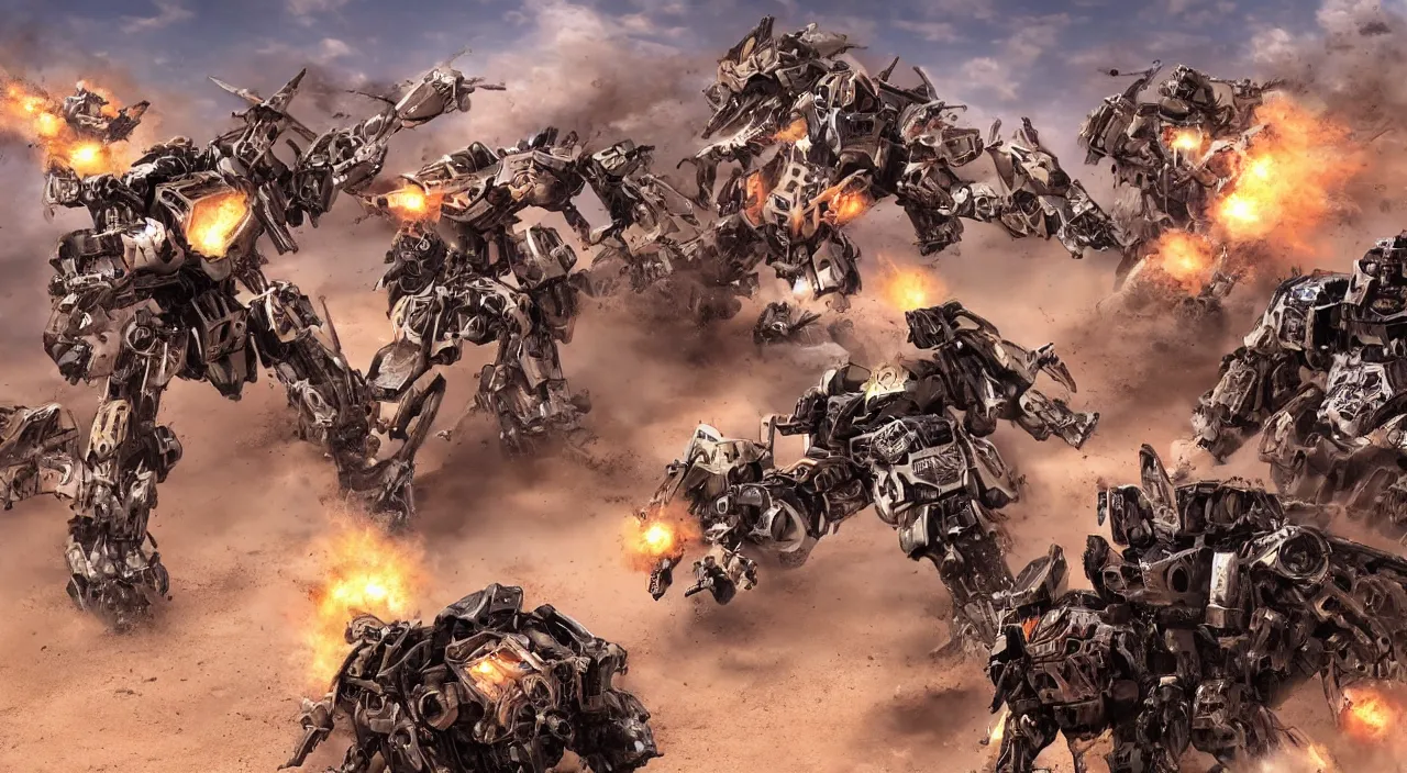 Prompt: 2 battle mechs fight in the desert, realistic, night, explosions