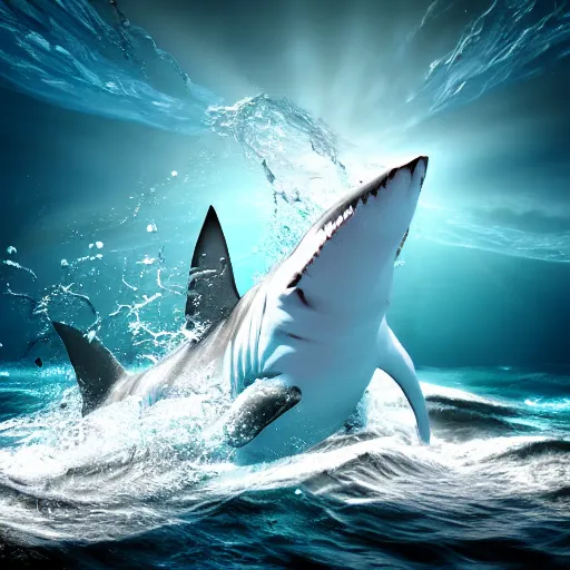 Image similar to a giant shark as water art manipulation, on the ocean water, futuristic, glowing, hyper realistic, ray tracing, realistic water splashes, sharp focus, long shot, 8 k resolution, cinematic, photoshop art