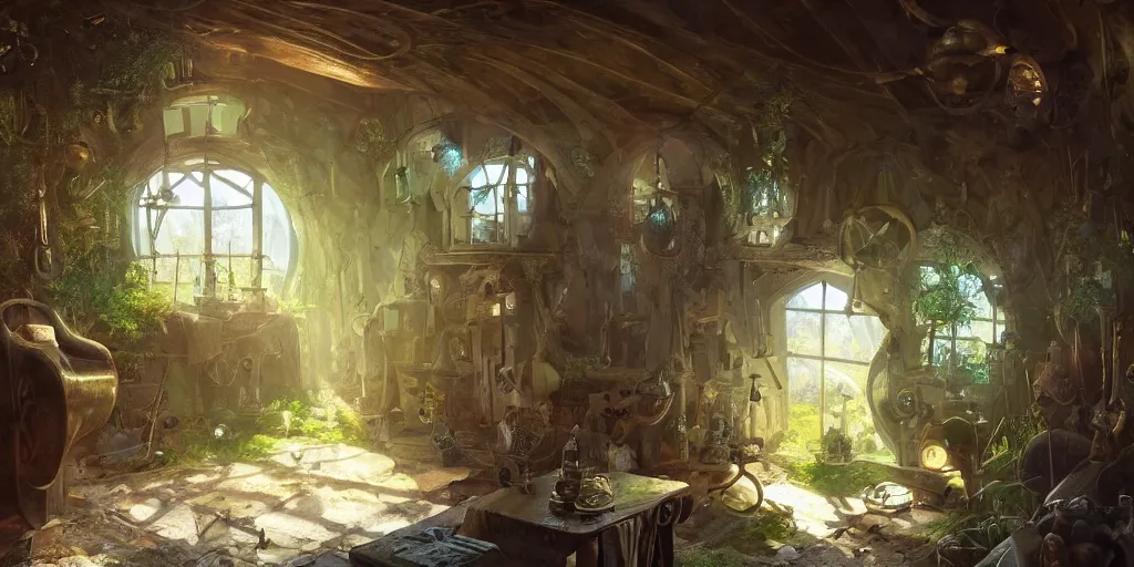 Image similar to interior of small house of an inventor, fantasy steamunk elements, barn, weird inventions, shining sun, river, magic, sunlight rays, with trees and plants around Darek Zabrocki, Karlkka, trending on Artstation, 8K