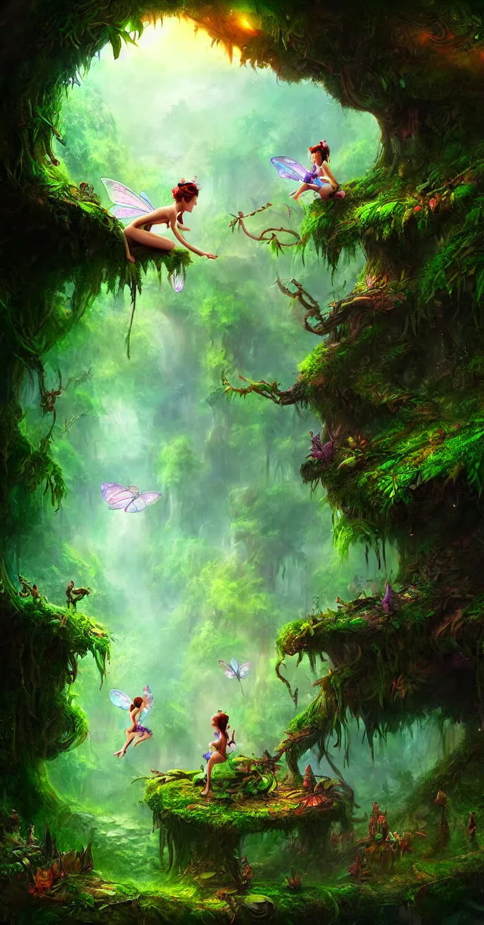 Image similar to fairy tell story of jungle, concept art, digital painting, cinematic lightening, wide angle shot, in the style of greg rutwoski, very hyper realistic, highly detailed, fantasy art station