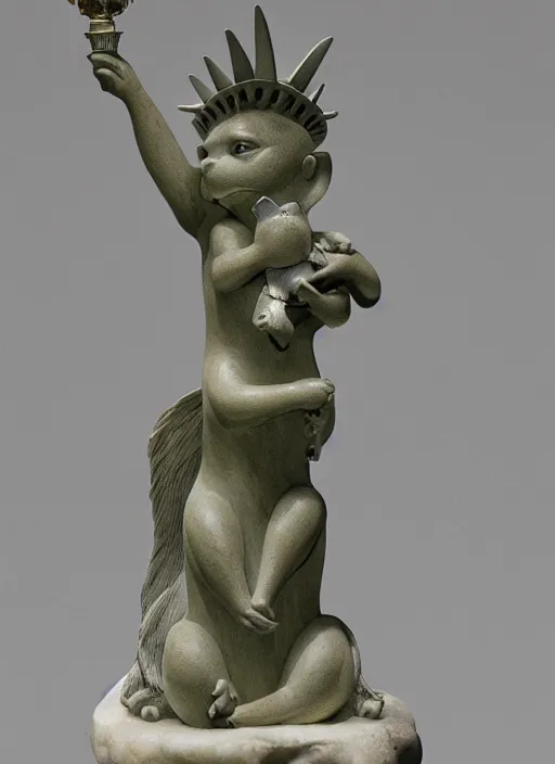 Image similar to A marble statue of a squirrel holding an acorn in the style of Statue of Liberty. museum photo