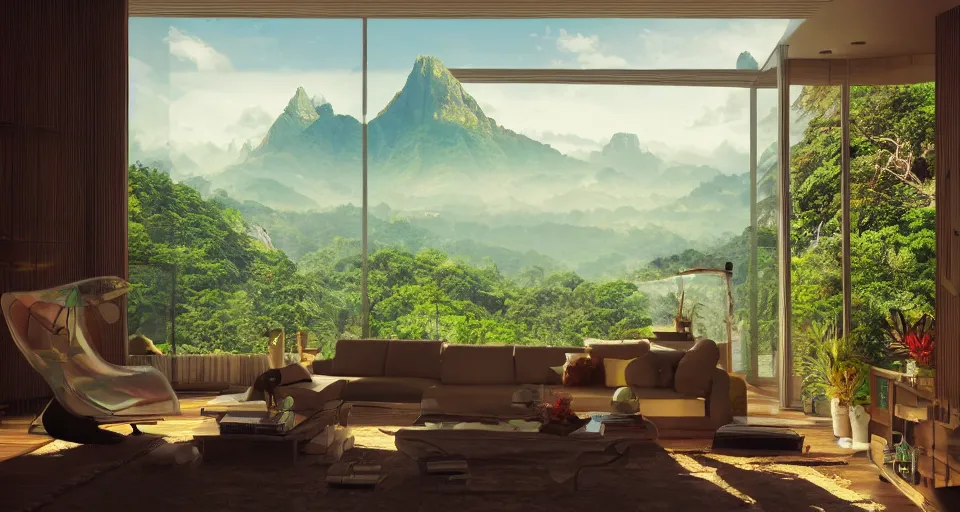 Image similar to looked at big window, architectural, mountains in background, cloud forest in background, tropical, sunny day time, clear sky, living room, furniture, IKEA catalogue, futuristic, ultra realistic, ultra detailed, cinematic light, anamorphic, by Paul Lehr