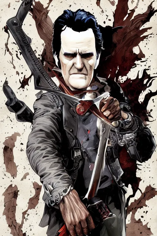 Prompt: bruce campbell as ash in sleepy hollow, full body, big two toned eyes, teeth gritted, horror, intricate details, cinematic, epic, realistic, anatomy, tomer hanuka, uplight, artstation, photorealistic, scary