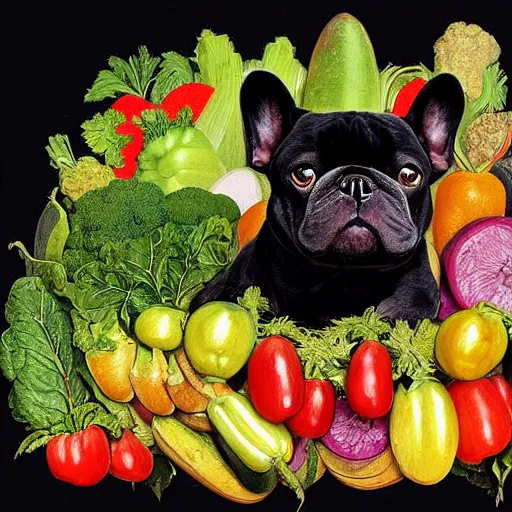 Prompt: black french bulldog made of fruits and vegetables by giuseppe arcimboldo