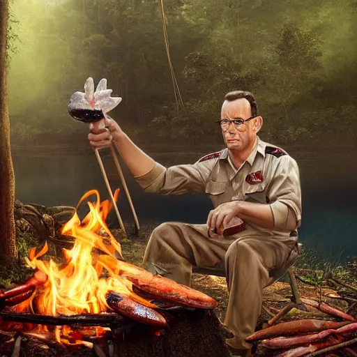 Image similar to tom hanks as forrest gump holding a giant shrimp skewer over a campfire in the jungle, realistic digital painting, in the style of Aleksi Briclot, photoreailstic, realistic face, amazing detail, sharp