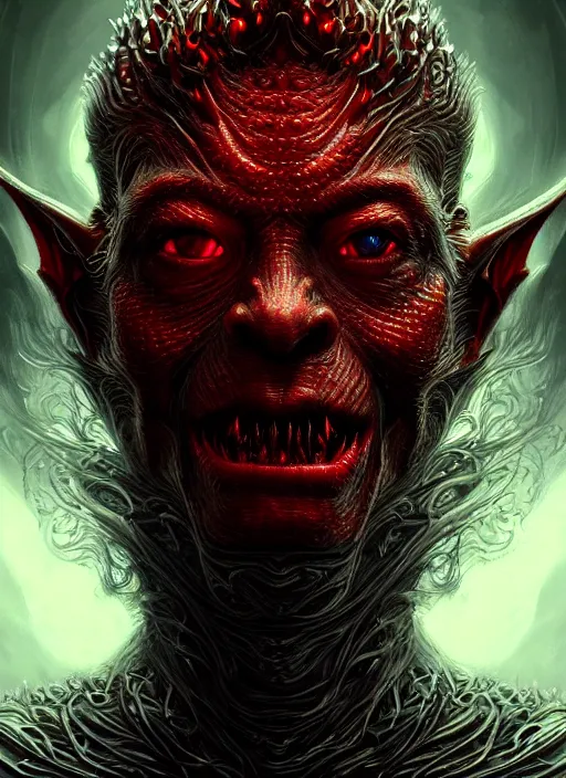 Image similar to realistic portrait of beautifully crystalized and detailed portrait of a goblin, matte painting of cinematic movie scene red dragon, horror, created by gustave dore and greg rutkowski, high detailed, smooth draw, synthwave neon retro, intricate, realistic proportions, dramatic lighting, trending on artstation.