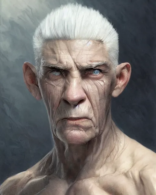 Image similar to old shaved man with white hair with a big scar on his blind left eye, very masculine, square jaw, hard edges, wrath, muscles, ethereal, science fiction, supervilain, fantasy art by greg rutkowski and magali villeneuve and claude monet