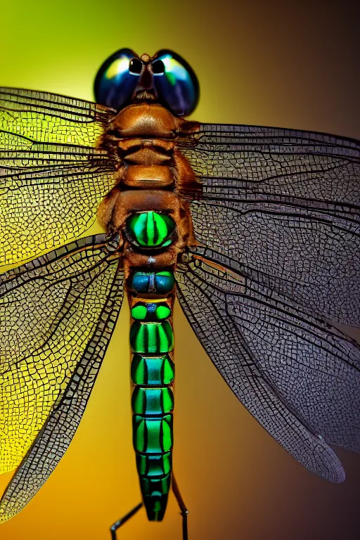 Prompt: a macro photo of a dragonfly, dynamic pose, close - up, intricate details, intricately detailed wings and compound eyes, intricate textures, warm lighting, vivid colors, smoke and mist, realistic octane render, hyper realistic render, volumetric shading, depth of field, raytracing, 8 k,