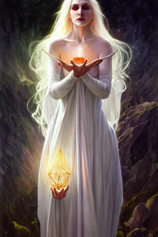 Image similar to realistic wide angle portrait of a beautiful white witch, standing, crafting spells, bright witch, beautiful face, fantasy, chaos, magic, dark magic, dramatic lighting, intricate, wild, highly detailed, digital painting, artstation, concept art, smooth, sharp focus, illustration, art by artgerm and greg rutkowski and alphonse mucha, footage from space camera