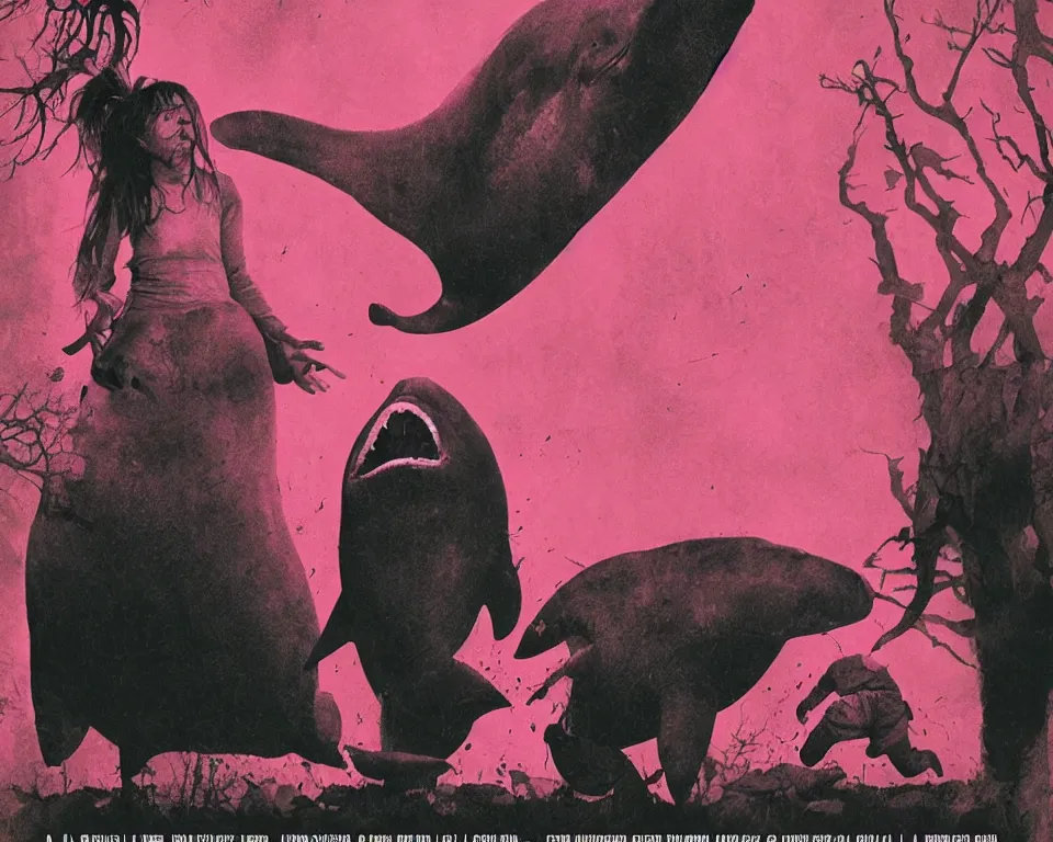 Image similar to a horror movie poster featuring a demonic pink whale eating a child