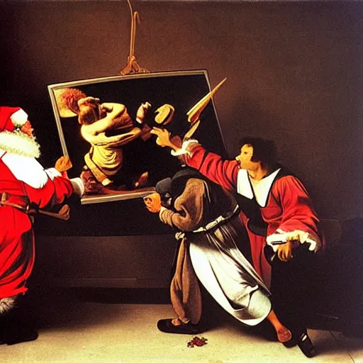 Prompt: Father Christmas fighting over a flat screen tv on Black Friday Painted by Caravaggio