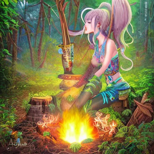 Image similar to richly detailed colored pencil 3 d illustration spartan tea at campfire with trichocereus jungle background smoke haze full moon ayahuasca peyote art by rossdraws range murata and artgerm