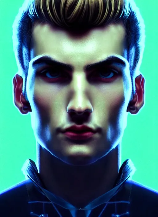 Image similar to a highly detailed long shot photo of masculin male face portrait, futurism, rococo cyber neon lighting, detailed futuristic fibonacci jewelry, profile posing, hyper photorealistic, crispy quality, digital photography, trending in pinterest, cinematic, 4 k ultra hd, art by pascal blanche, art by greg rutkowski, art by artgerm,